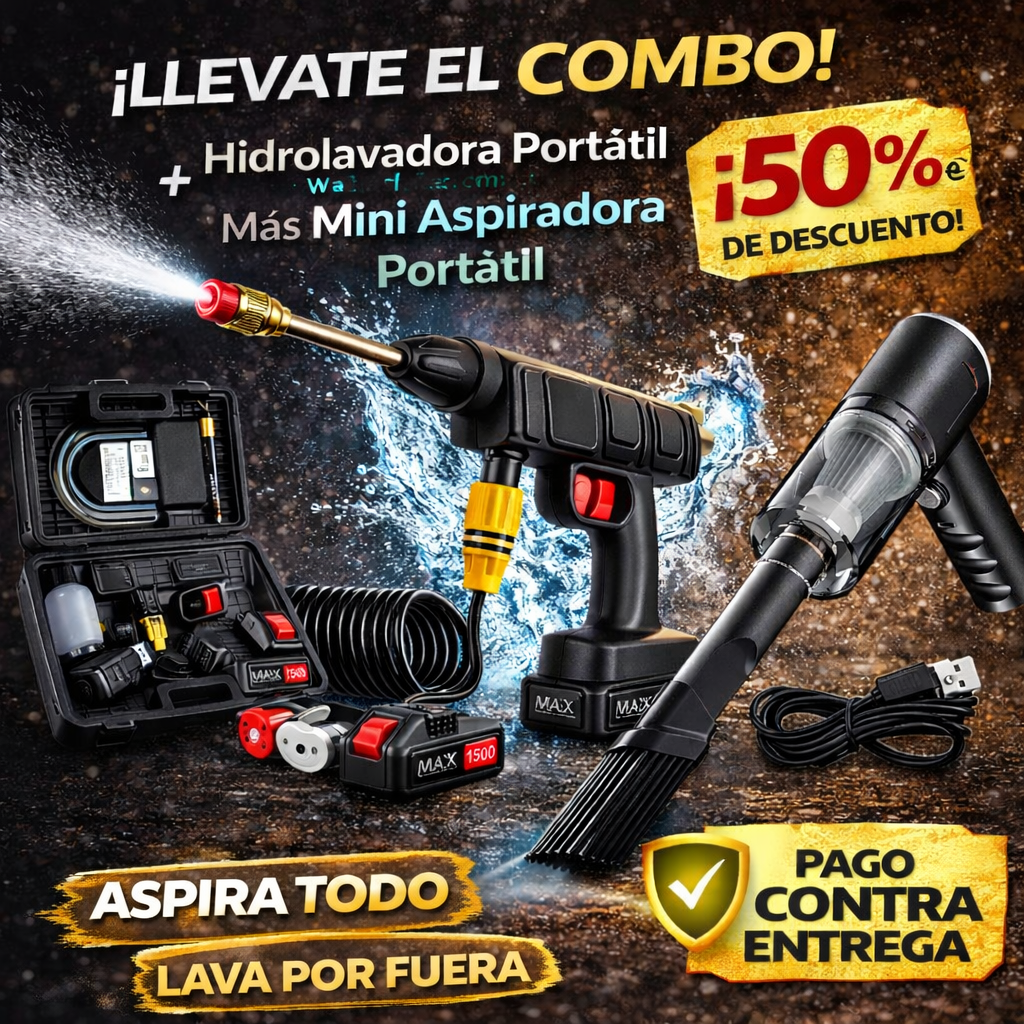 COMBO WashX™ :  (Hidrolavadora + Mini Aspiradora 3 en 1 + maletín de transporte )  -  50% OFF SOLO HOY 🔥